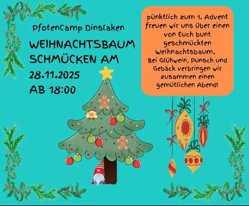 Liebe Kunden und Freunde des PfotenCamp, wir freuen uns auf Euch und einen bunt geschmückten Weihnachtsbaum!
Bei Glühwein, Punsch und leckerem Gebäck werden wir einen schönen Abend verbringen!😘
Unsere Tombola darf natürlich auch nicht fehlen 😉 viel Glück! #pfotencamp_dinslaken #hundeschuledinslaken